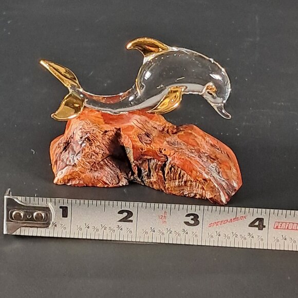 Glass Baron Clear Glass Dolphin Sculpture W 22 K Gold Accents On Burl Wood Base - Picture 9 of 10